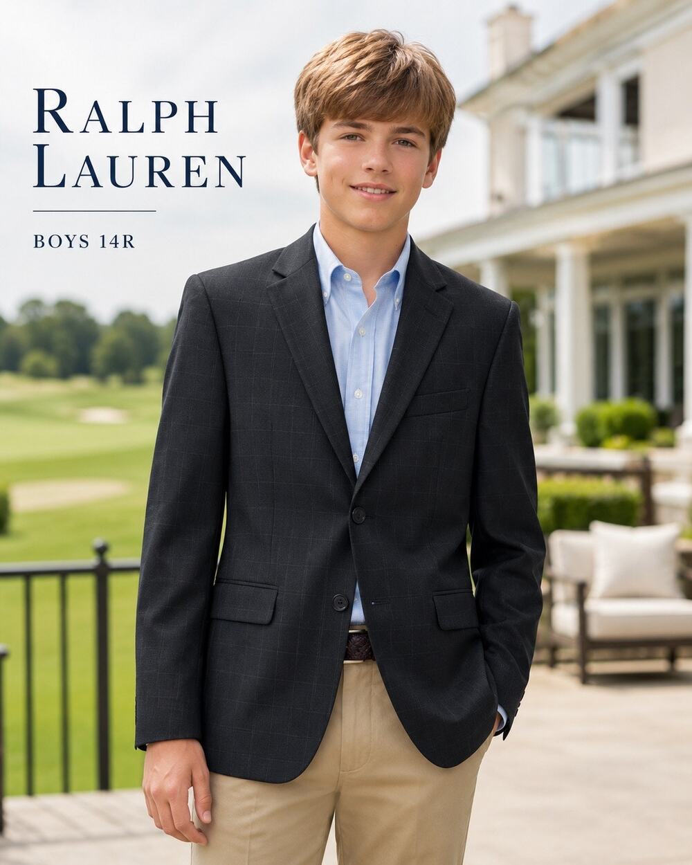 Lauren Ralph Lauren Boys 14R Windowpane Plaid Blazer Sport Coat Dark Gray